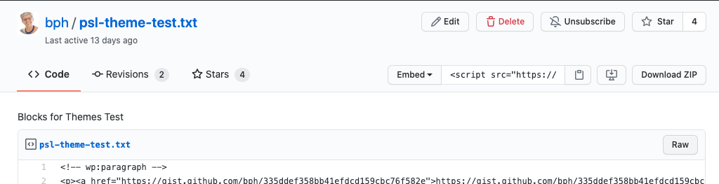 Header or the GitHub Gist  with "Raw" link 