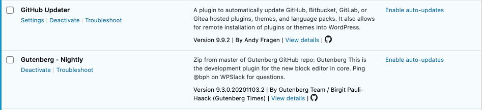 Screenshot on WP Admin plugins page, showing plugins GitHub Updater and Gutenberg Nightly