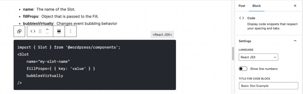 Screenshot of the block editor view of modifying a code block examples