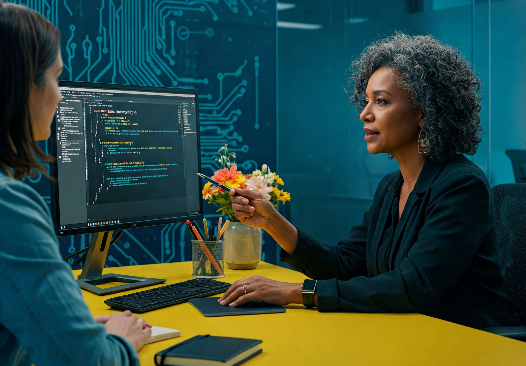 two woman at a desk discussing some code.